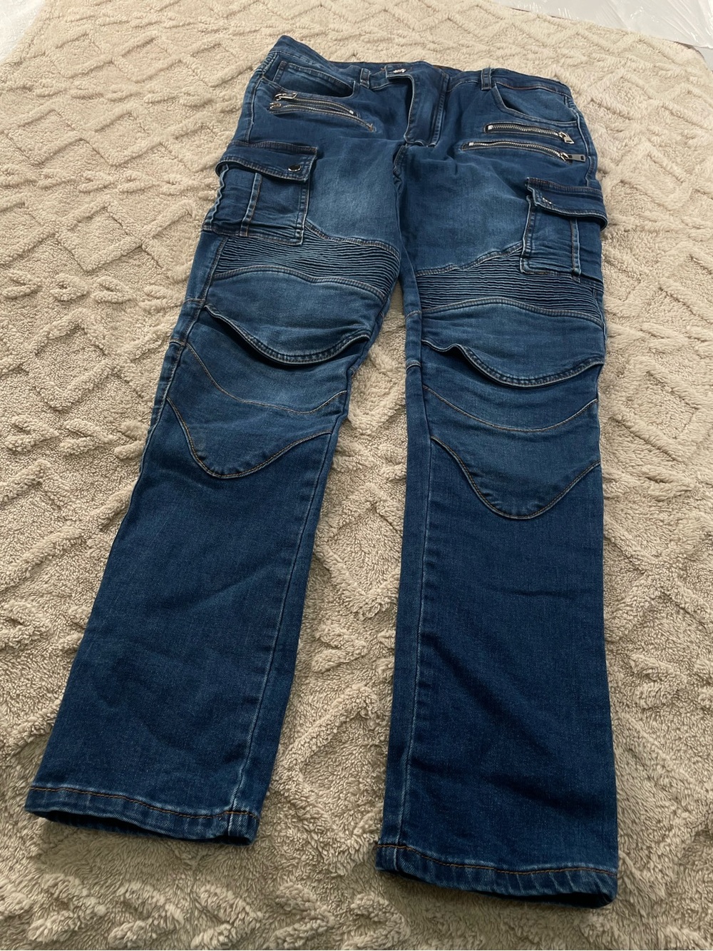 Loong Biker Straight Leg Jeans in Dark Blue with Moto Paneling Sz 32 L